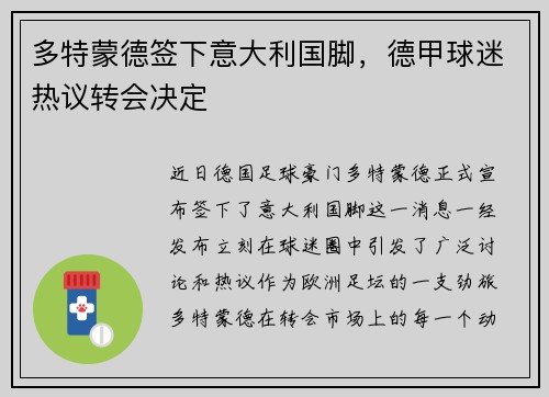 多特蒙德签下意大利国脚，德甲球迷热议转会决定